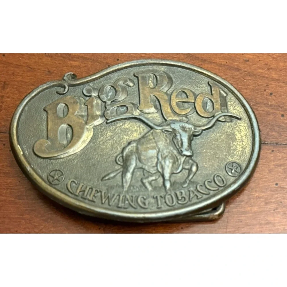 Vintage Big Red Chewing Tobacco Belt Buckle - Brass Longhorn Steer Bull Western